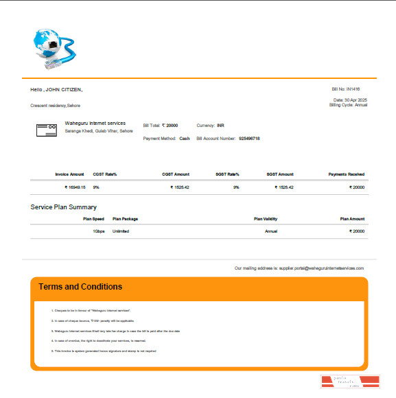 India Waheguru Telecom utility bill template in Word and PDF formats